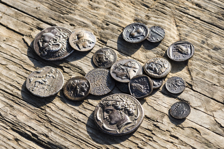 stack of Greek ancient coins, Athens, Greeceの写真素材