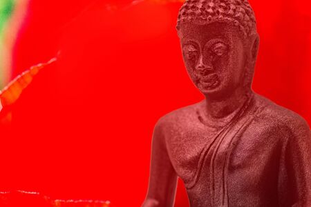Bust of buddha figurine from black stone with red backgroundの写真素材