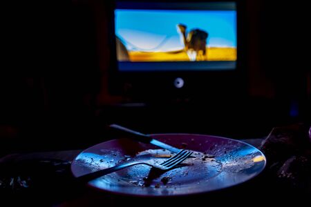 empty plate in front of tv-eating while watching film in tv project