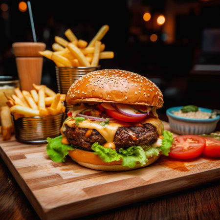American cheese burger with French fries and fresh vegetablesの素材