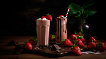 Chocolate milkshake with strawberries on a dark wooden background.の素材