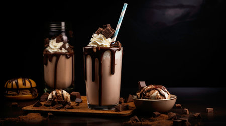 Chocolate milkshakes with whipped cream and chocolate bar on dark backgroundの素材