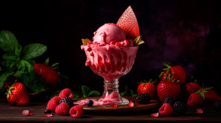 Strawberry ice cream in a glass on a black backgroundの素材
