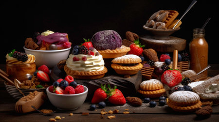 assortment of berry & strawberry desserts on a wooden table with black backgroundの素材