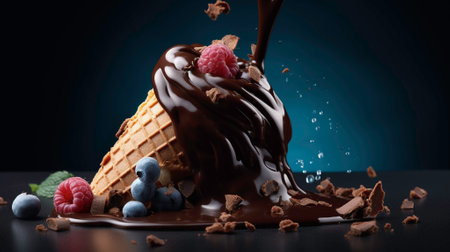 Chocolate ice cream with raspberries and blueberries on dark backgroundの素材