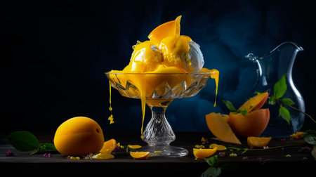 Scoops of ice cream with fresh mango on a black backgroundの素材