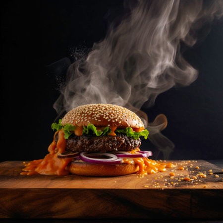 Delicious cheeseburger on a wooden board with smoke and copy spaceの素材