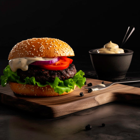 Hamburger with sauce and mayo on a wooden board on a black backgroundの素材
