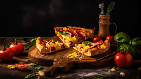 Pizza slice with salami, mozzarella cheese and basil on a wooden backgroundの素材