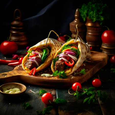 Traditional mexican tacos with beef and vegetables on a wooden boardの素材