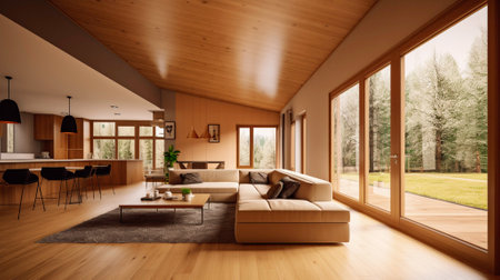 Interior of a modern living room with wooden floor, panoramic window and wooden wallの素材