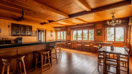 Interior of a rustic cafe with wooden walls and wooden floorの素材