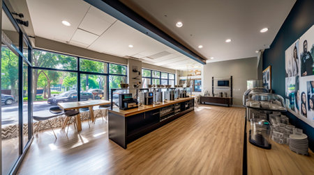 Interior of a luxury coffee shop with bar counter, coffee machine and wooden floorの素材