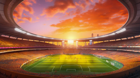 A large football stadium at sunset with lights and flaresの素材