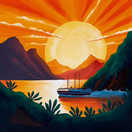 Boat on the lake at sunset. Vector illustration for your designの素材