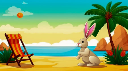 Illustration of a bunny sitting on the beach with a deck chairの素材