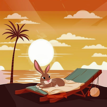 Rabbit on the beach at sunset. Vector illustration in cartoon styleの素材