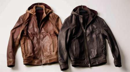 Brown leather jackets on hanger isolated on white background.の素材