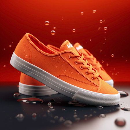Pair of orange sneakers with drops of waterの素材