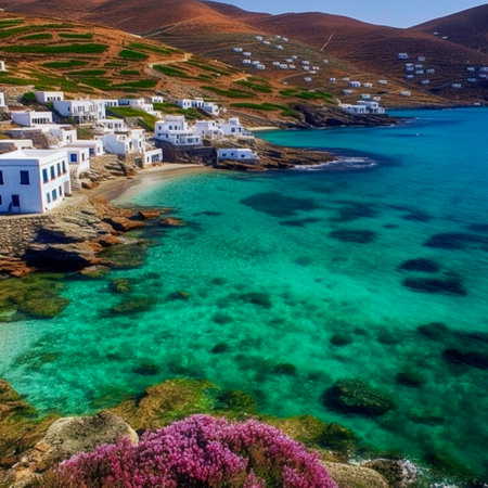 White architecture on beautiful island, Greece. Beautiful landscape with sea and green-blue waterの素材
