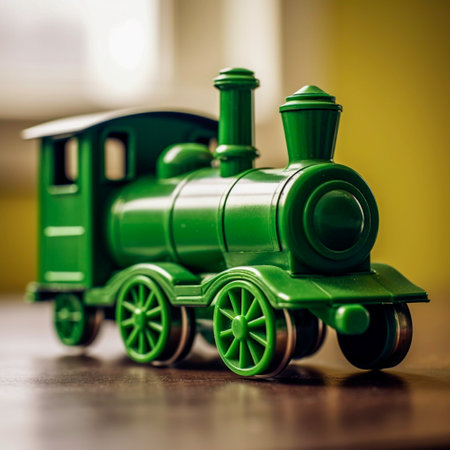 Green toy train on a wooden table. Retro style toned pictureの素材