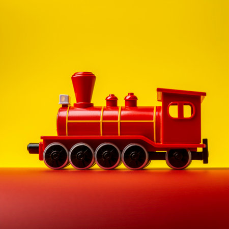 Toy train on a red and yellow background.の素材