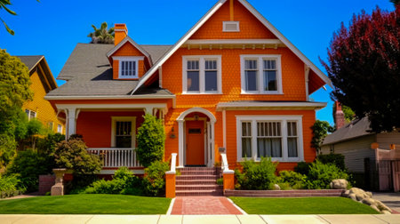 Typical American house in a suburban neighborhood of San Francisco, California.
Orange color house.の素材