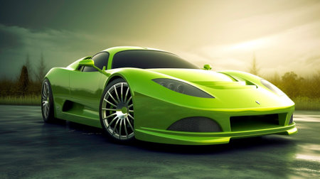 Green sports car on the road in the sunlight. Conceptual image.の素材