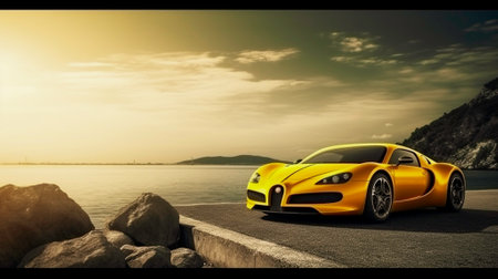 A yellow brand-less generic concept car in a futuristic environment with sea, island and sunset view.の素材