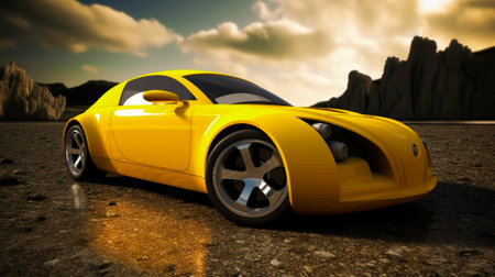A yellow sports car in the desert at sunset view.の素材