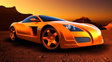A orange brand-less generic concept car in the desert.の素材