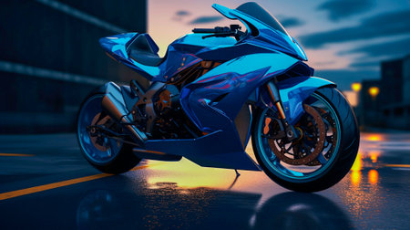 A blue sports bike in the city at sunset.の素材