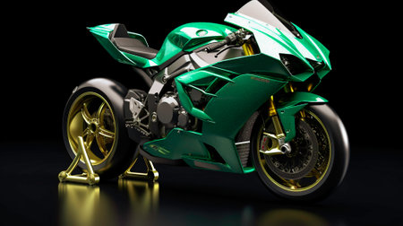 A green super sports bike on a black background.の素材
