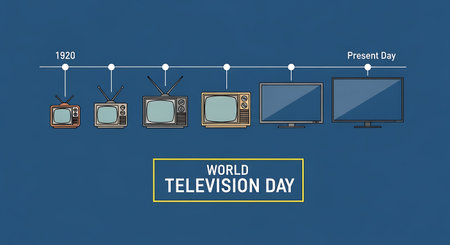 Vintage and modern televisions displayed on a timeline from 1920 to present day.の素材