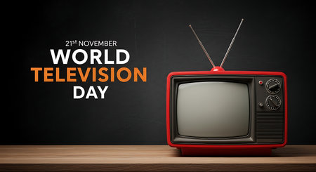 A vintage red television with an antenna sits on a wooden surface against a dark background with text.の素材