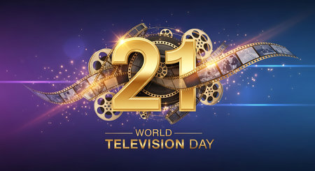 Golden 21st number with film reels and vintage movie clips on a blue and purple gradient background with bokeh lights.の素材