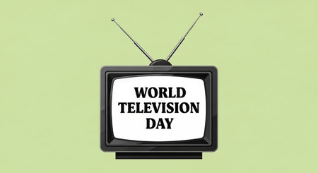 A vintage television with antennas displays "WORLD TELEVISION DAY" in black text on a white screen against a light green background.の素材