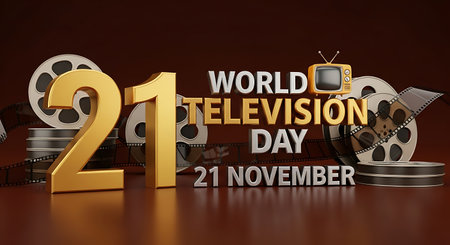 Golden 21st anniversary for World Television Day on November 21, featuring film reels and a retro TV.の素材