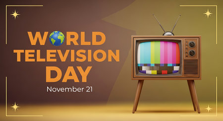 Retro television with color bars on screen, text World Television Day November 21, globe graphic.の素材