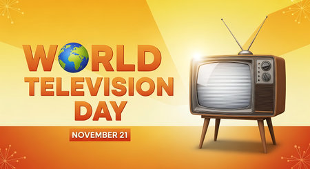Orange and yellow gradient background with text World Television Day and a retro television set.の素材
