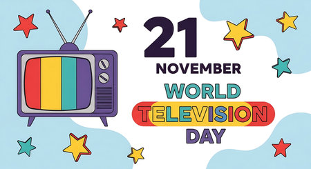 A purple vintage television with a rainbow screen and antenna is surrounded by colorful stars on a light blue background.の素材