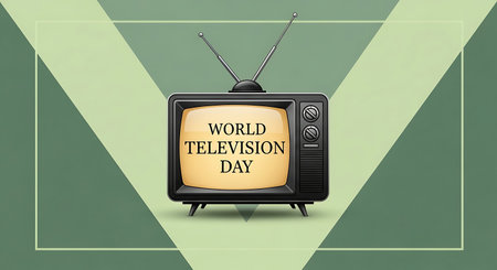 Vintage television with illuminated screen displaying World Television Day text against a green geometric background.の素材