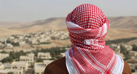 A person from behind wears a red and white patterned keffiyeh covering their head and neck, looking out over a blurred desert town.の素材