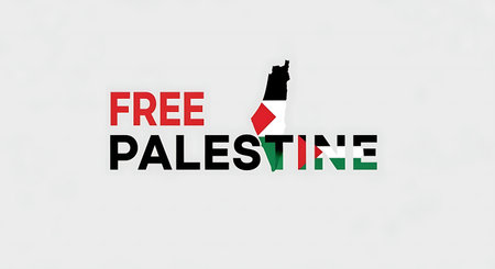 Red and black text reads Free Palestine with the map outline filled with Palestinian flag colorsの素材