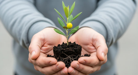 Hands cradle a small olive sapling with green leaves and one yellow olive.の素材