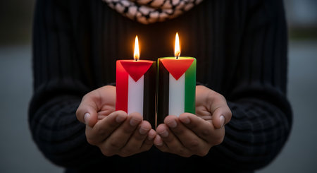 Two lit candles with Palestinian flag colors held in cupped hands, soft focus backgroundの素材