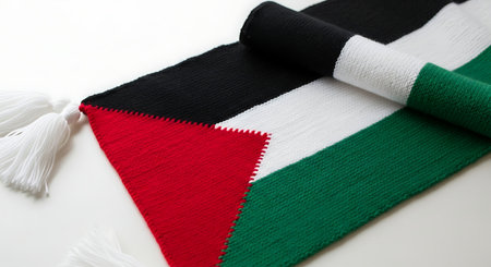 Knitted scarf in Palestinian flag colors black white red green with white tasselsの素材