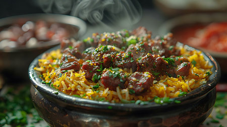 Spiced showing spiced beef biryani with long grain rice garnished with herbs and fried onions in metal bowl. resolution use. Clear details and vibrant colors enhance visual appeal. Spiced, Beef, Biryani.の素材