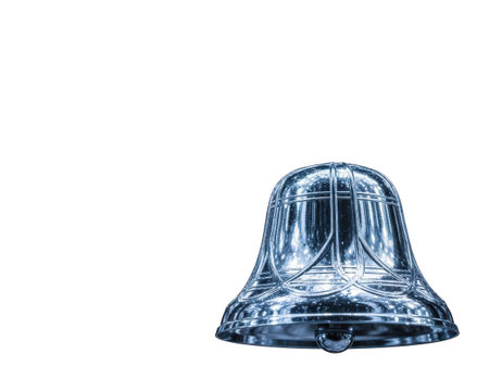 A stunning blue glass bell with intricate designs, set against a pristine white background, creating a visually appealing contrast. Perfect for home decor, wedding decorations, or artistic photography.の素材