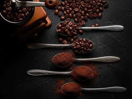 High-quality image of freshly roasted coffee beans and ground coffee displayed on dark background with metallic spoons. Perfect for coffee lovers and gourmet enthusiasts.の素材